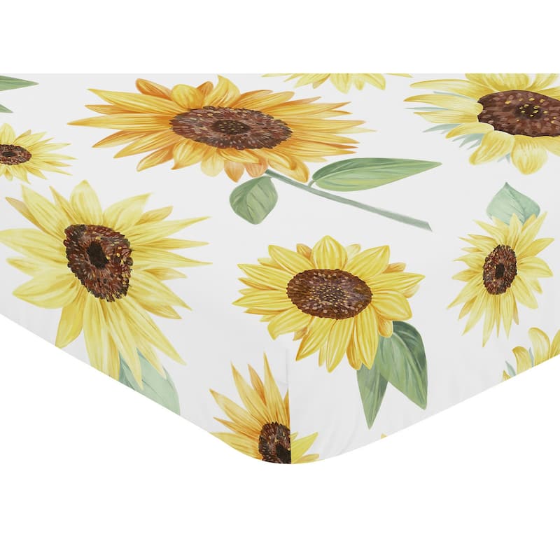Sweet Jojo Designs Yellow, Green and White Boho Floral Sunflower Collection Girl Fitted Crib Sheet - Farmhouse Watercolor Flower