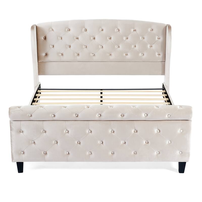 Christopher Knight Home - Amara Traditional Velvet Upholstered Sleigh Bed with Wingback Headboard & Scroll Footboard, Queen Size