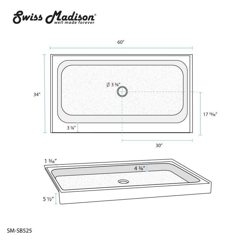 Voltaire 60" x 34" Acrylic White, Single-Threshold, Center Drain, Shower Base