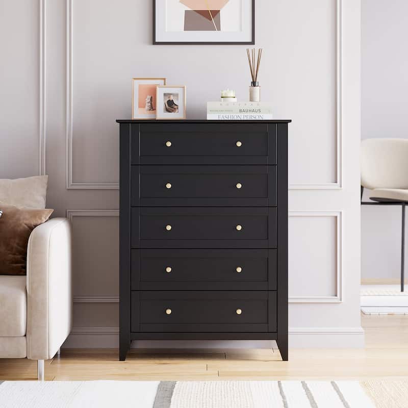 White 5 Chest of Drawer Dresser, Modern Tall Nightstand with Deep Drawers and Nickel Round Handle - Black