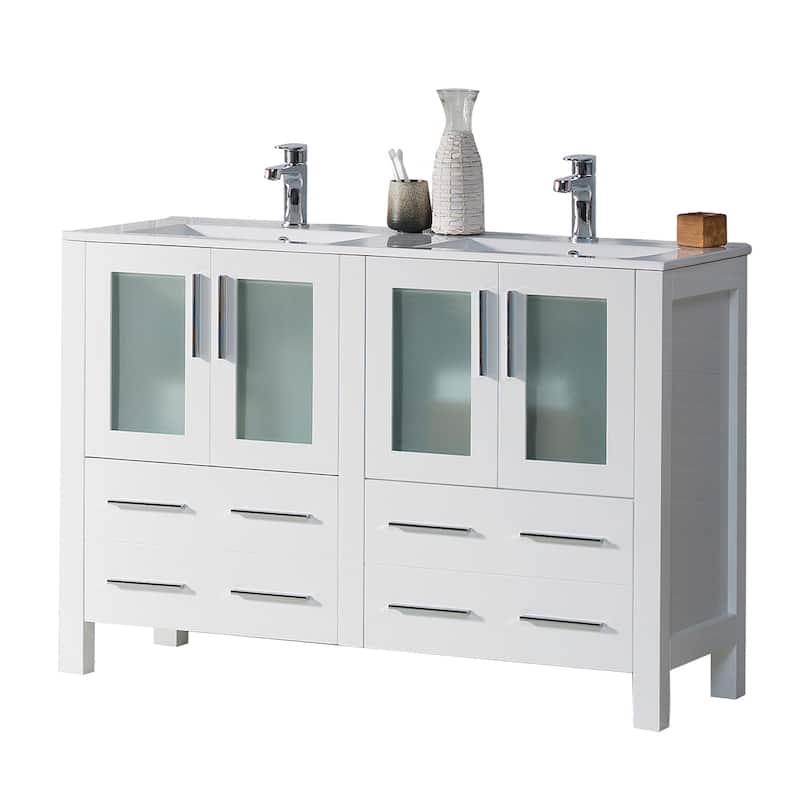 Blossom Solid Wood Double Bathroom Vanity w/ Ceramic Sink & Base - 48 Inch - Glossy White
