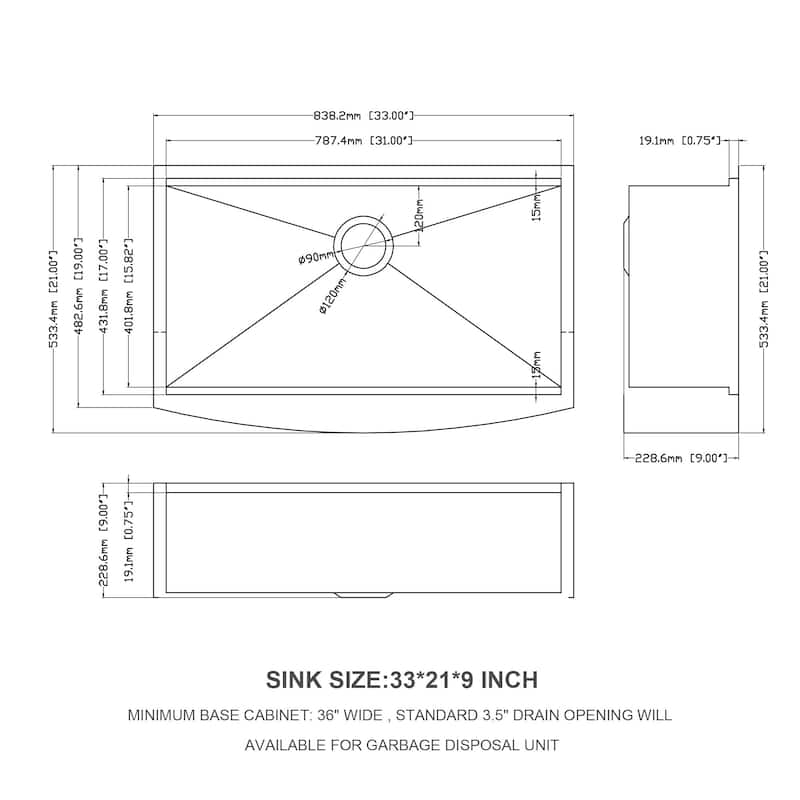 33 in. Farmhouse Apron-Front 18 Gauge Single Bowl Kitchen Sink - 33" x 21" x 9"