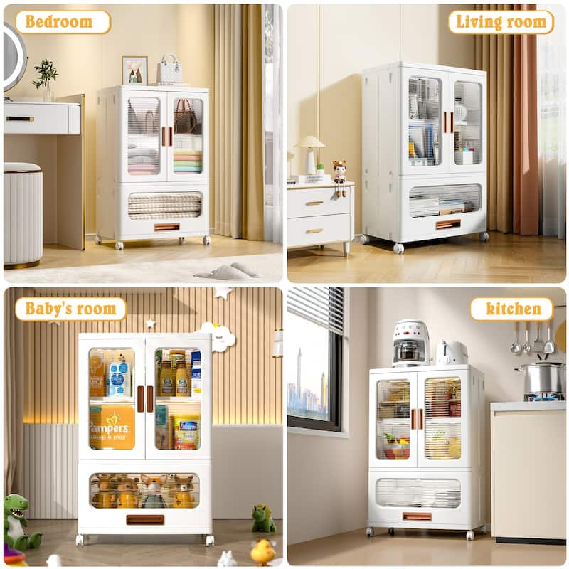 Javlergo 2-Door Plastic Storage Cabinet with Drawer & Wheels White Rolling Storage Organizer with Magnetic Doors for Living Room