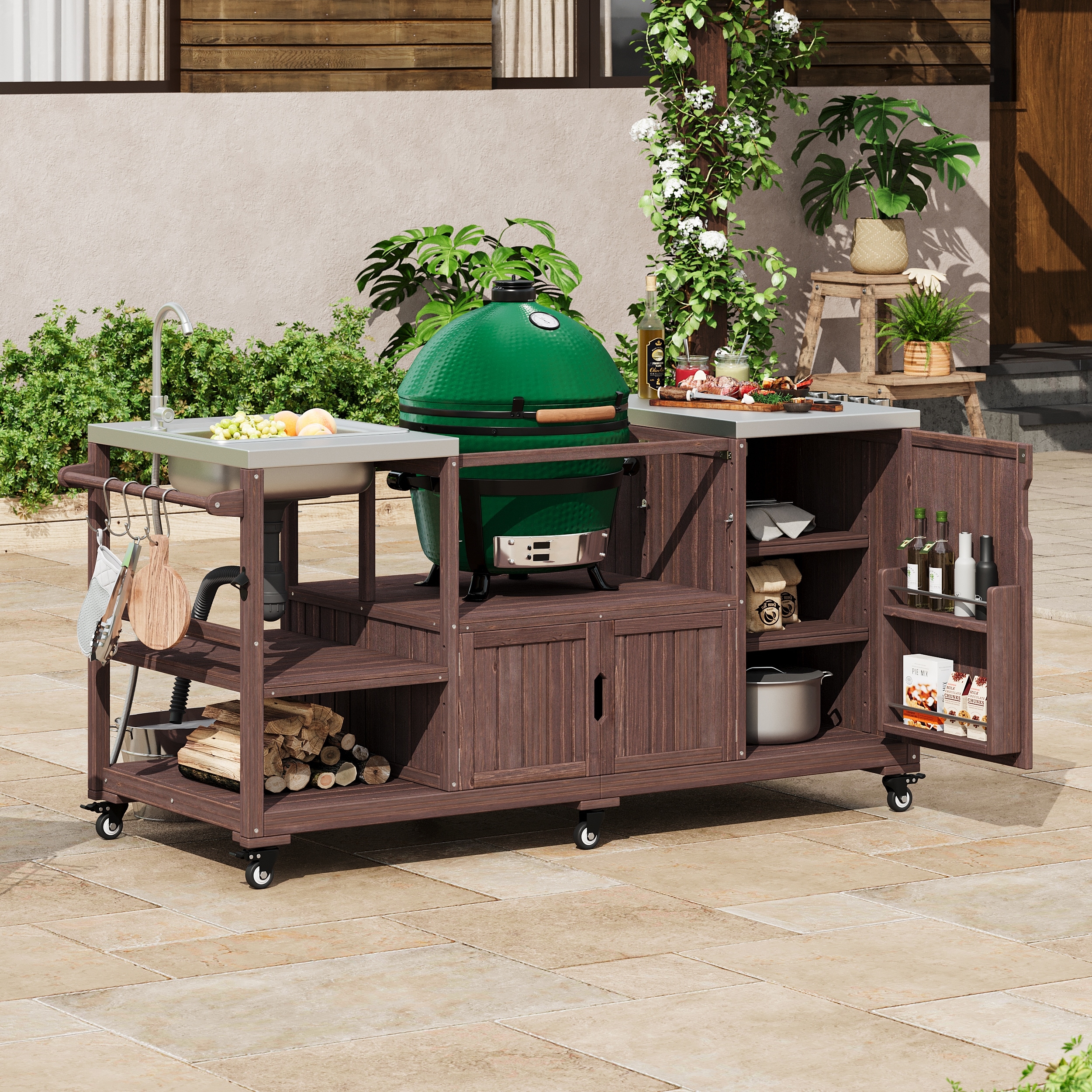 75" Outdoor Kitchen Island with Sink, Rolling Cart & Stainless Steel Top