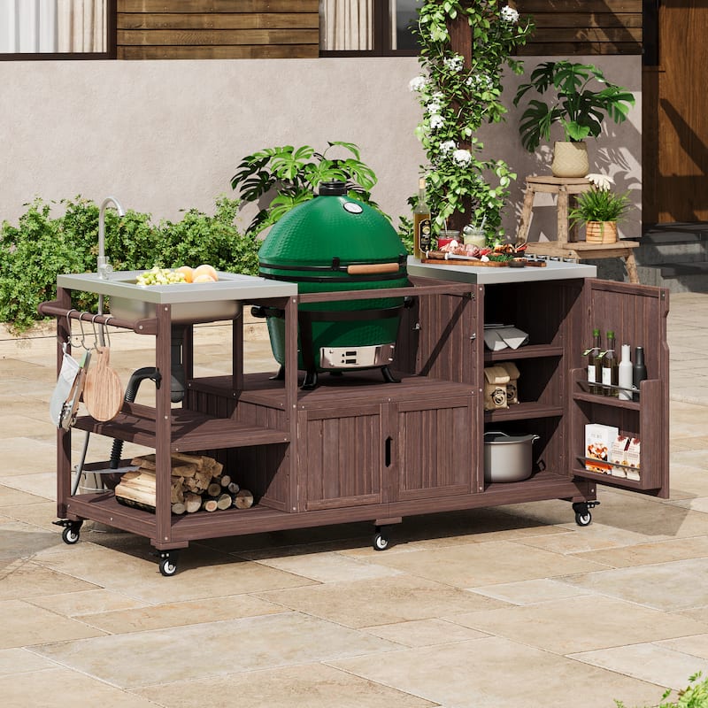 75.4"Outdoor Kitchen Island with Sink, Solid Wood Grill Cart for XL Green Egg Grills, Rolling Bar Cart with Stainless Steel Top - Brown