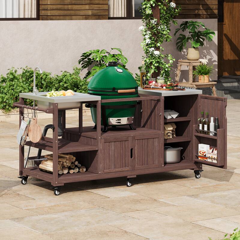 75.4 Inch Outdoor Grill Cart with Sink Solid Wood Rolling Bar Cart for XL Grills