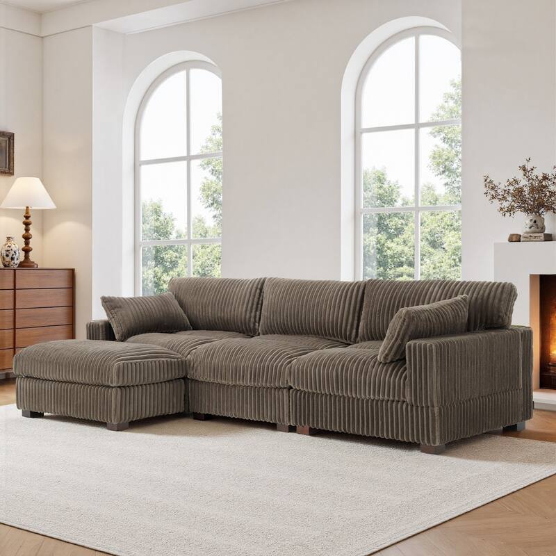 Plush Corduroy Upholstered Modular Sectional Sofa with Chaise - Left Facing - Light Brown-3 Pieces