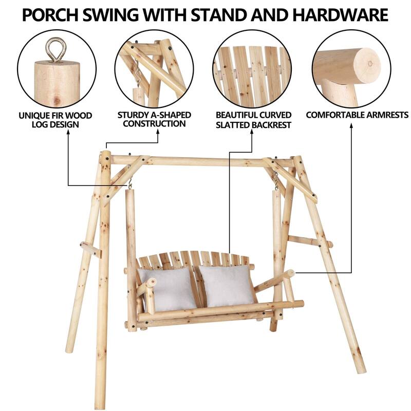 VEIKOUS 2-Person Carbonized Fir Wood Patio Porch Swing with A-Frame Stand, 4.4FT