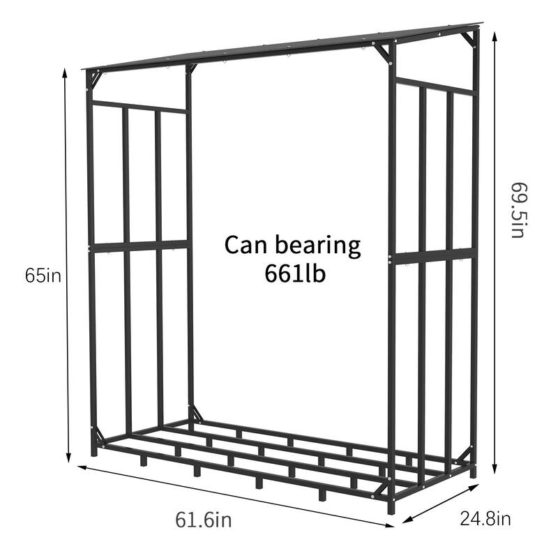 Large Firewood Log Rack Wood Storage Holder Iron Shed with Roof - 61.6 x 24.8 x 69.5 inch