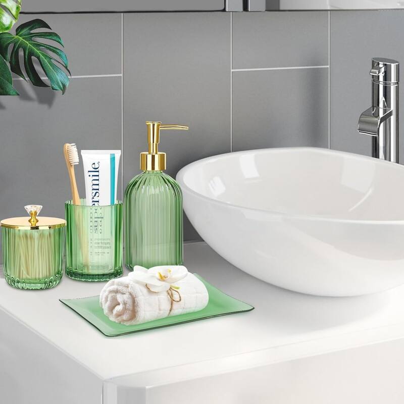 4-piece bathroom accessories set with soap dispenser, toothbrush holder, medicine bottle, tray