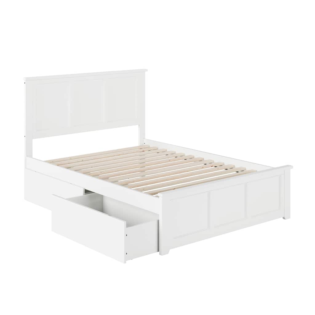 Madison Full Solid Wood Platform Bed with Matching Footboard & 2 Storage Drawers in White