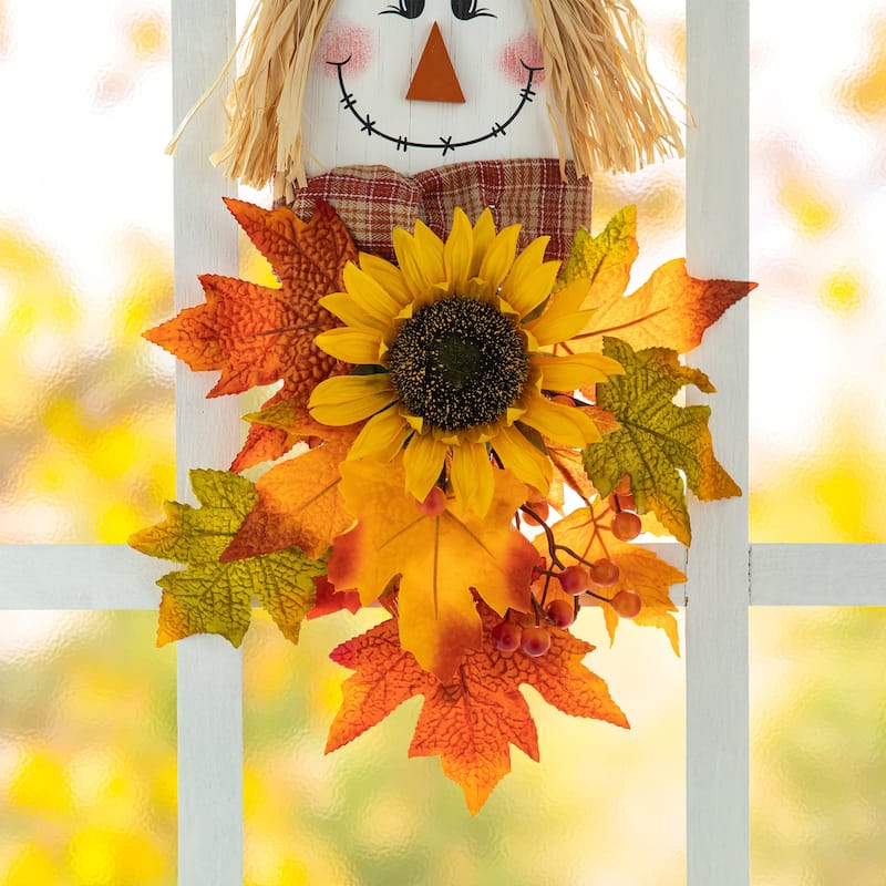 Glitzhome Wooden Maple Leaves Scarecrow Sunflower Door Hanger Wall Decor