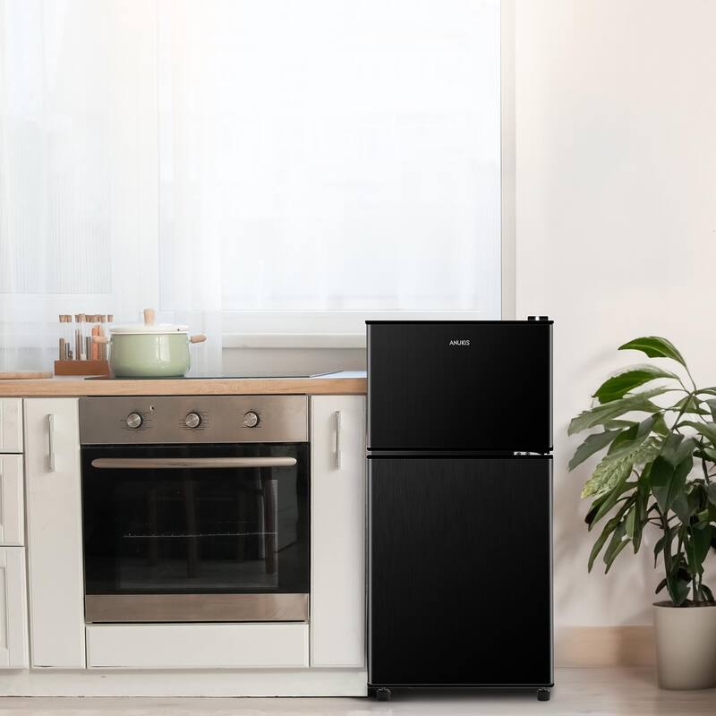 Anmytek 3.5 Cu Ft 2 Door Compact Mini Fridge with Freezer Adjustable 7 Level Thermostat Removable Shelves