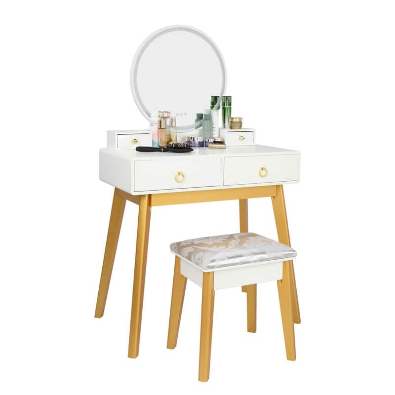 Light Luxury Real Wood Makeup Vanity With Lamp