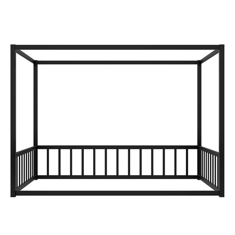 Metal Canopy Bed Bedroom Floor Bed with Fence, Square-shaped Metal Frame Design with Elliptical and D-shaped Materials, Black