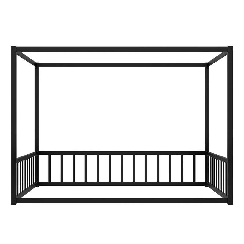 Queen Size Modern Floor Bed Frame with Canopy Structure and Full Guardrails, Low-Profile Metal Platform Bed
