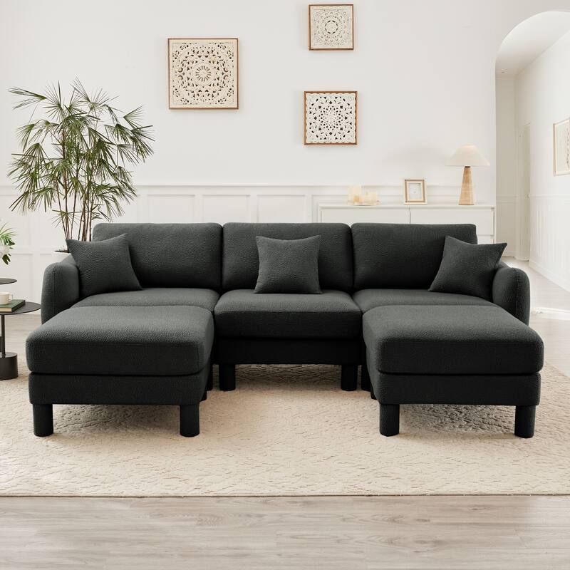 109.4" 3-Seater Modern Upholstered Sofa Couch, Deep-Seat Sectional Sofa with Shell-Shaped Armrests, Leisure Sofa for Living Room - Dark Grey- 3-Seater-2 Ottoman