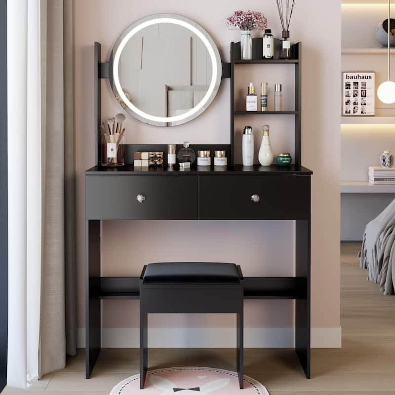 Round LED Mirror Vanity Table, Dressing Set with Cushioned Stool, Makeup Cabinet with Touch Mirror & Multi-layer Storage - Black