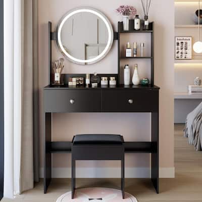 Round LED Mirror Vanity Table, Dressing Set with Cushioned Stool, Makeup Cabinet with Touch Mirror & Multi-layer Storage
