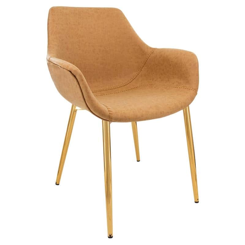 Markley Modern Leather Dining Armchair with Distressed Upholstery, Gold Metal Legs, and Ergonomic Design for Kitchen or Office