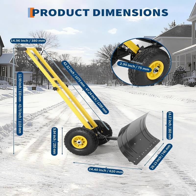 29x14 In Heavy Duty Rolling Snow Shovel With Wheels Double Armrests - 29x14 In