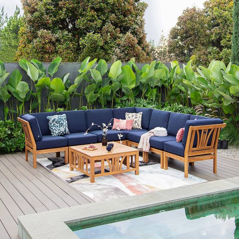 Cambridge Casual Lowell 8-piece Teak Patio Sectional Set with Cushion - Navy Cushion