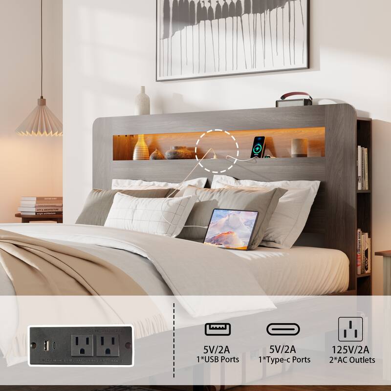 Bed Frame Queen Size, Wood Platform Bed Frame with Storage LED Light Headboard and 2 USB , Noise Free，Large Under Bed Storage