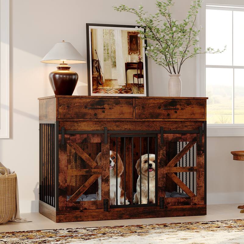Double Dog Crate Furniture w/Drawers for Small Dogs, Rustic Farmhouse Dog Kennel End Table, Sliding Barn Doors - 47.2"W