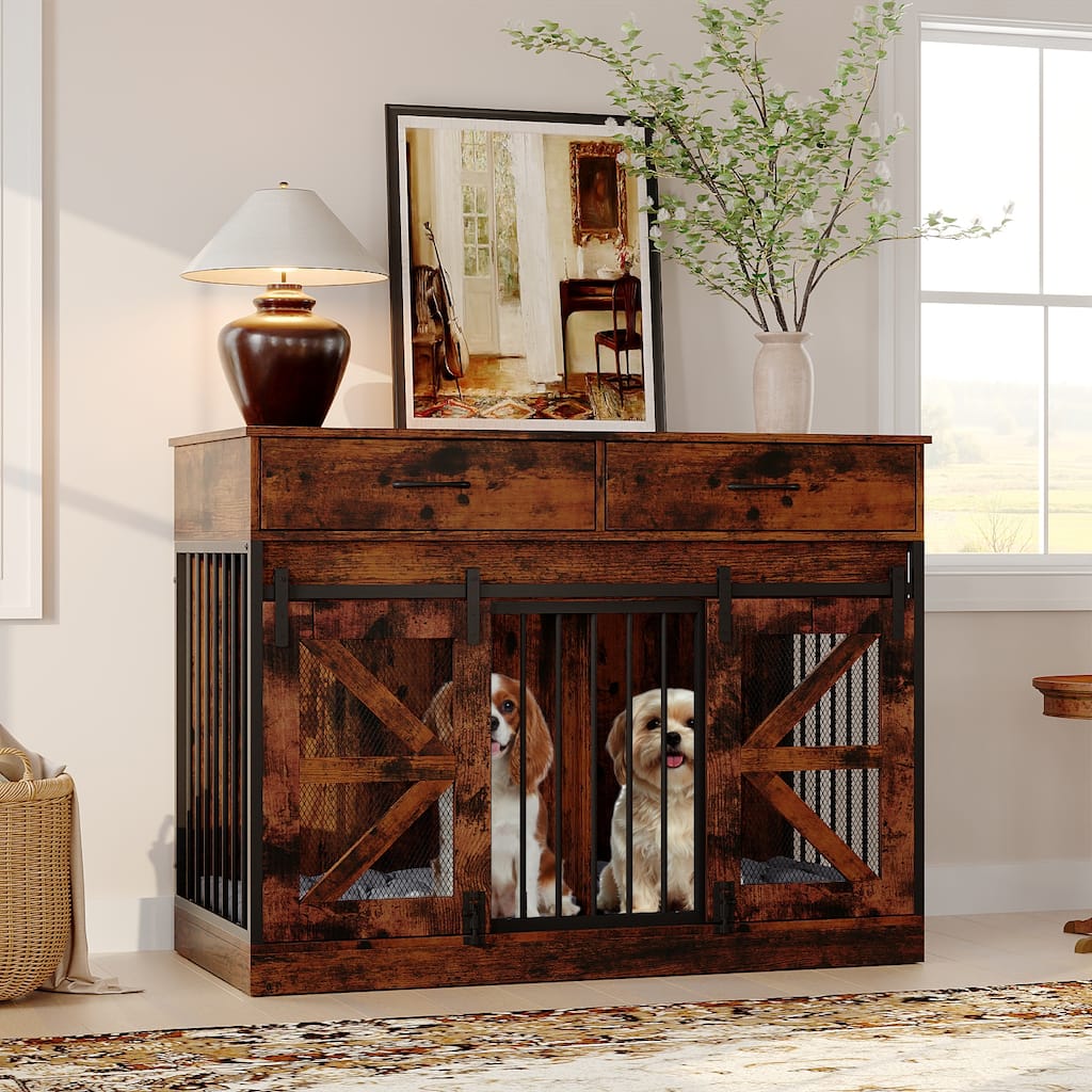 Double Dog Crate Furniture w/Drawers for Small Dogs, Rustic Farmhouse Dog Kennel End Table, Sliding Barn Doors - 47.2"W