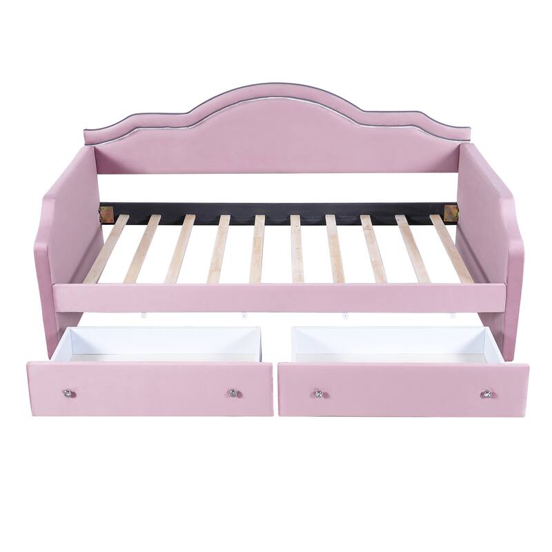 Upholstered Daybed with 2 Drawers, Wave Backrest Frame with Ambient Lighting, No Box Spring Needed Storage Sofa Bed