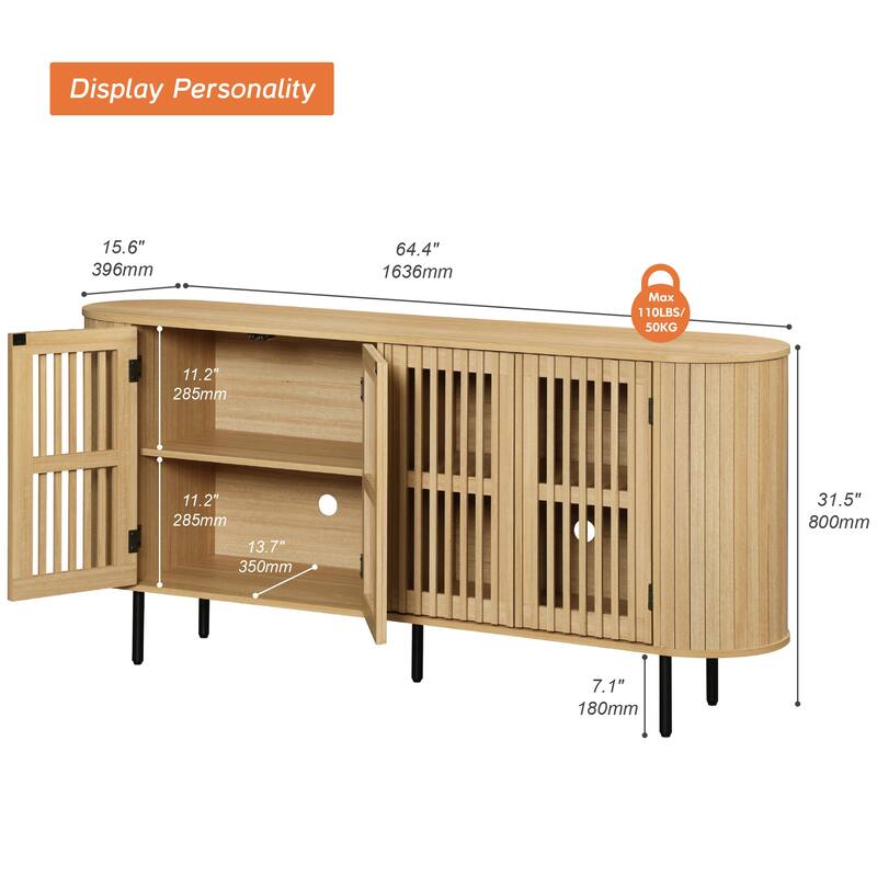 WAMPAT 66" Fluted Sideboard Buffet Cabinet,Wood Storage Cabinet with 4 Doors