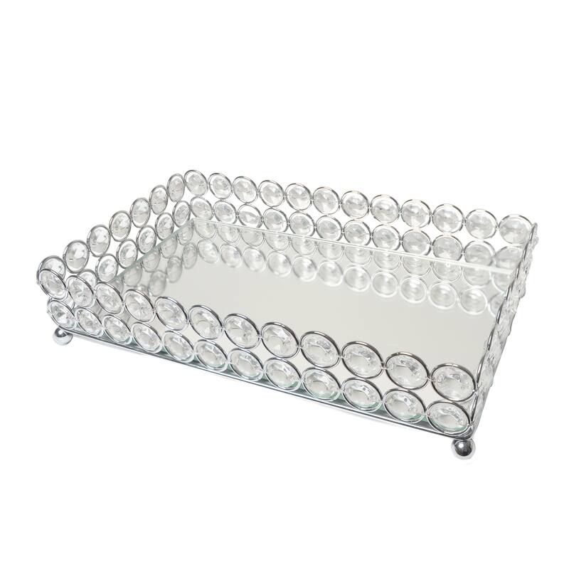 HomeRoots 11" Silver And Clear Faux Crystal Metal And Mirrored Glass Vanity Tray - 10.50 in. x 2.25 in. x 6.25 in.