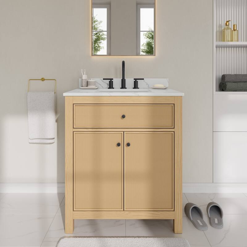 Wyndham Collection WCF9292-30S-QTZ-US3MXX Pendry 30" Free Standing - Tanned Oak / Giotto Quartz Top / Matte Black