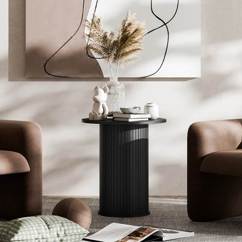 Round Tambour End Table, Mid-Century Modern Small Side Table for Living Room, Bedroom