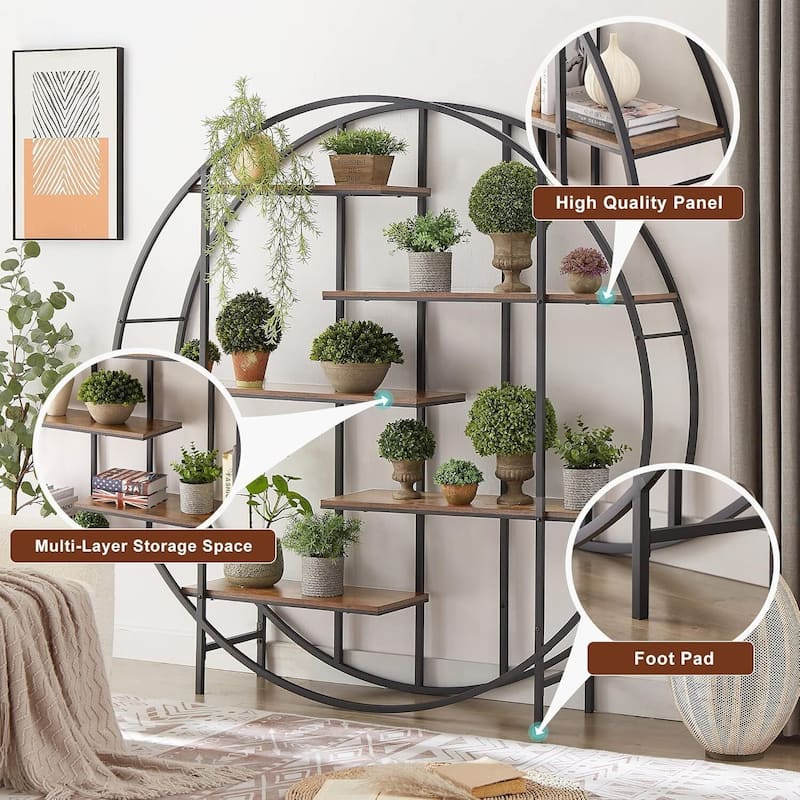 5-Tier Retro Industrial Bookshelf, Metal Frame & Wood Shelves Storage Rack, Multi-Functional Plant Display Stand