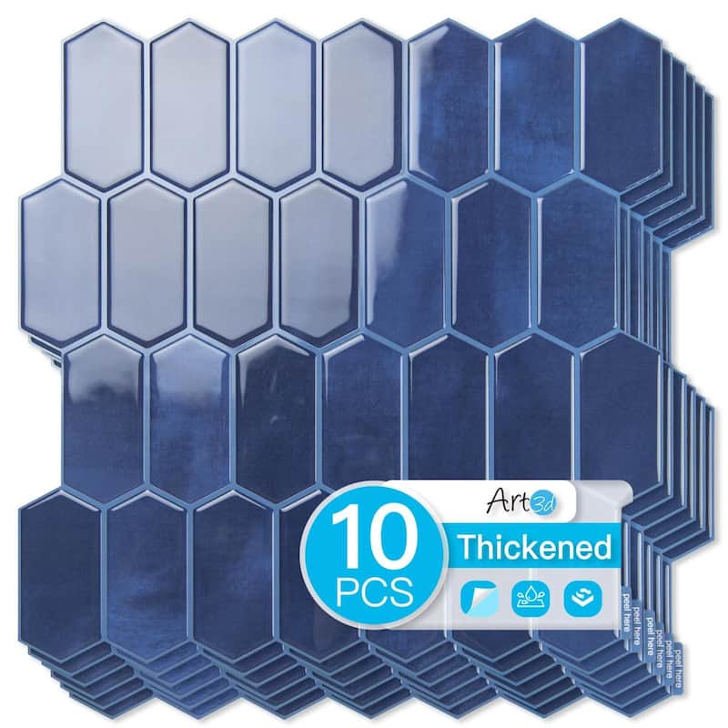 Art3d 10pcs Peel and Stick Backsplash Thickened Wall Tiles, 12''x12'', Cover 10 Sq.Ft. - Blue