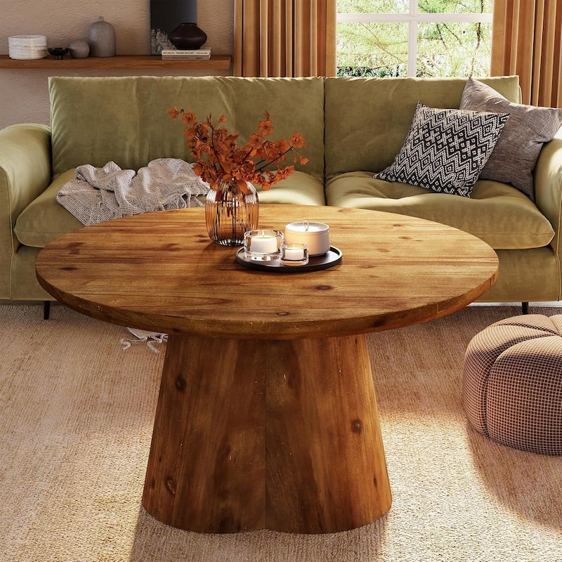 Solid Wood Round Coffee Table, 31.5-Inch Farmhouse Center Table - Brown - Wood