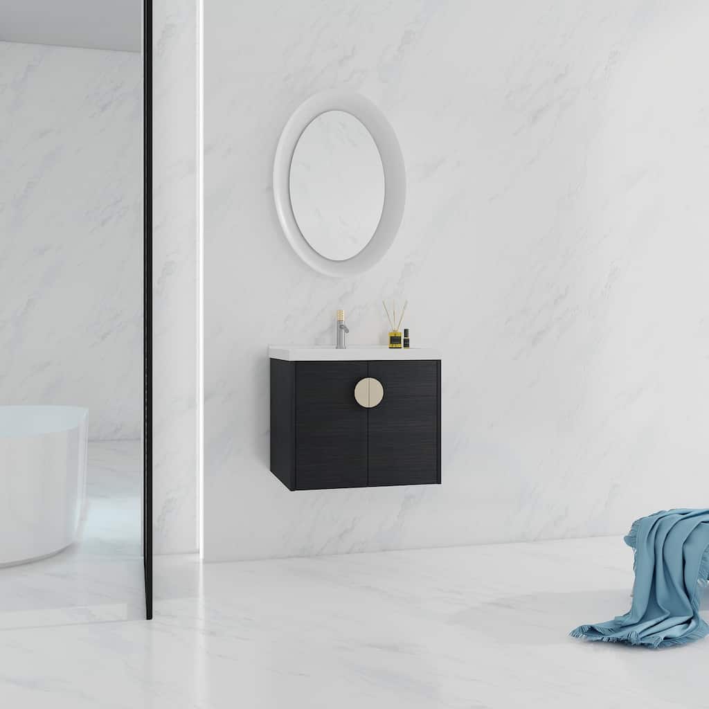 24 Inch Plywood Wall Mounted Bathroom Vanity Set in Black with Integrated Ceramic Basin