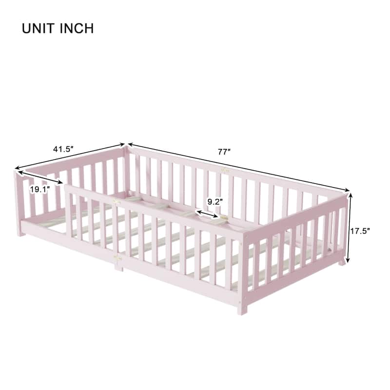 Twin Size Floor Bed with Fence without Door, Rubber Wood Floor Bed with Safety Guardrails