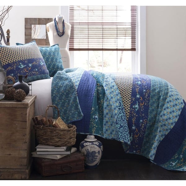 slide 2 of 2, The Curated Nomad La Boheme Floral Cottage 3-piece Striped Quilt Set Peacock - Full - Queen