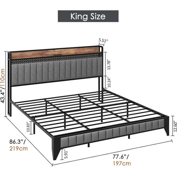 King Size Bed Frame with Charging Station, Bed Frame with Led Lights