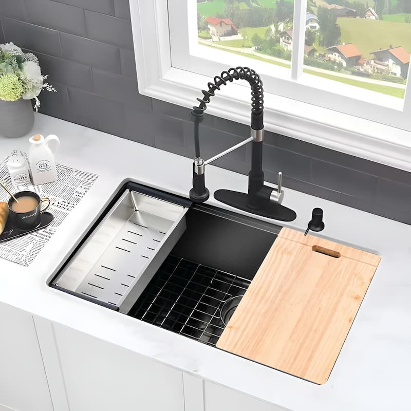 32" Undermount Kitchen Sink, Black/Silver Stainless Steel Workstation with Wooden Board & Accessories