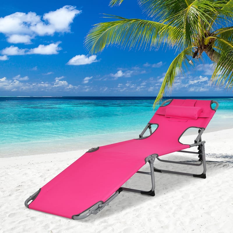 1/2PCS Outdoor Beach Chaise Lounge Folding Chair with Pillow Pink