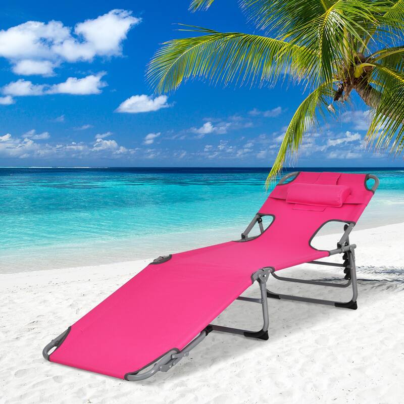 Goplus Outdoor Beach Lounge Chair Folding Chaise Lounge with Pillow - See Details - Pink