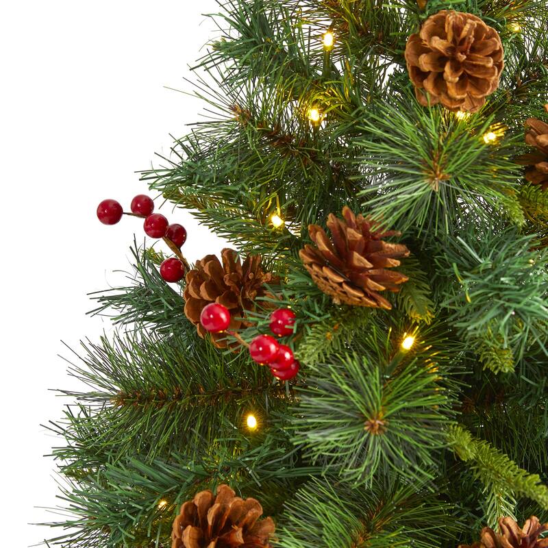 4’ Pre-Lit Pinecone and Berry Pine Artificial Christmas Tree, Clear LED Lights - 4 Foot