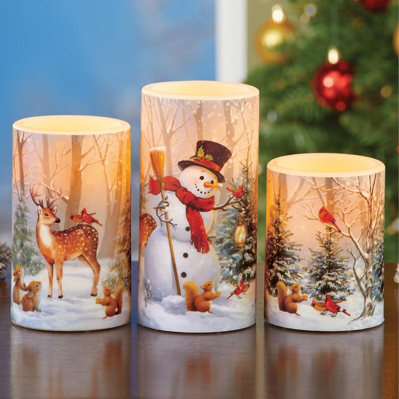 LED Lighted Winter Snowman and Friends Forest Scene 3-Piece Candle Set - 11.000 x 7.500 x 4.130 - White - 11.000 x 7.500 x 4.130