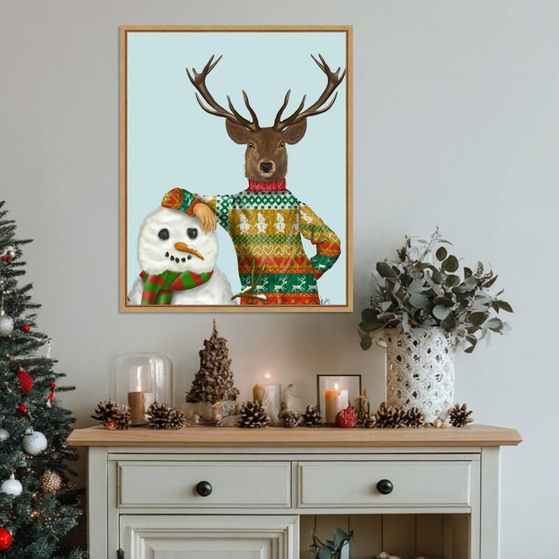 Deer in Christmas Sweater with Snowman by Fab Funky (23 x 28 in.), Framed Canvas Wall Art Print - Sylvie Natural