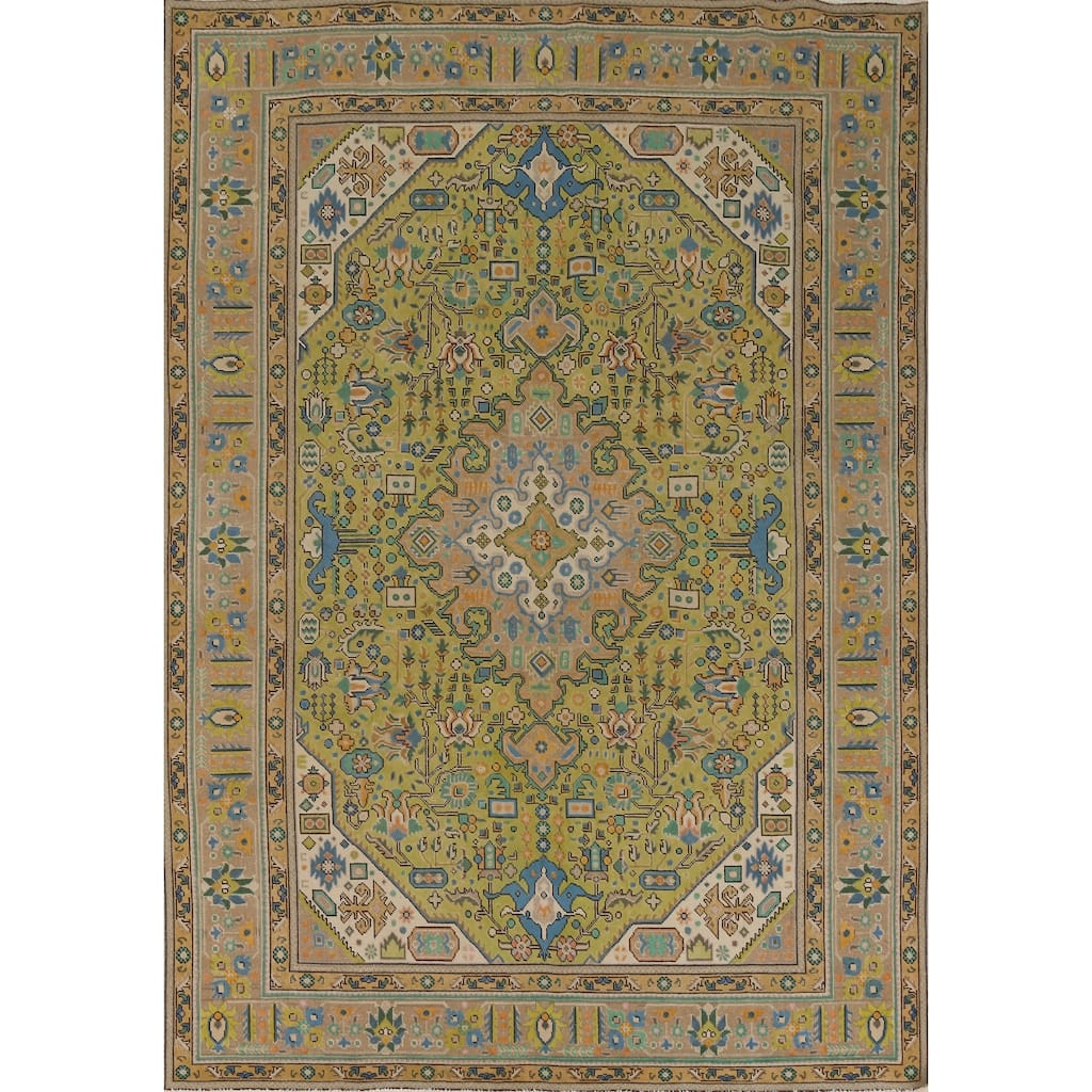 Green Traditional Tabriz Persian Vintage Rug Hand-Knotted Wool Carpet - 8'2" x 11'0"