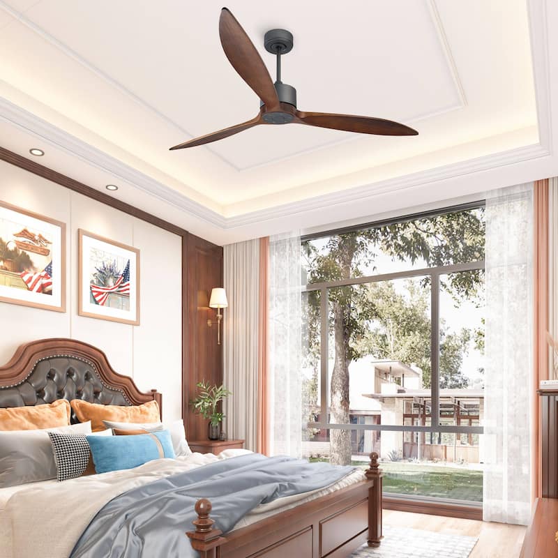 65" Solid Wood 3-Blade Black Ceiling Fan with Remote, Reversible DC Motor - Jet Black+Walnut