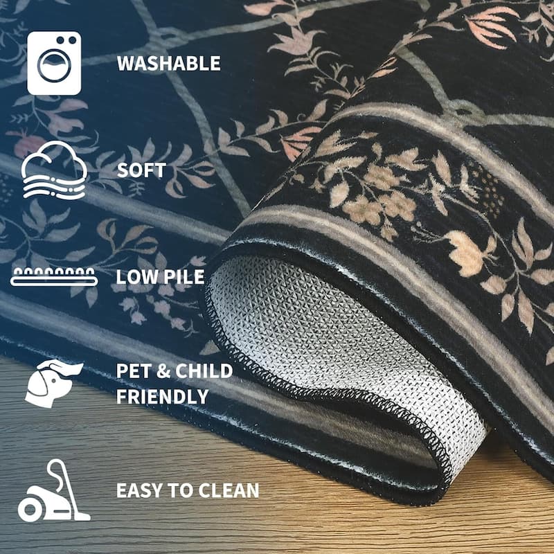 Floral Neutral Washable Hallway Low Pile Area Rug for Bedroom, Living Room, Black - 2' x 3'